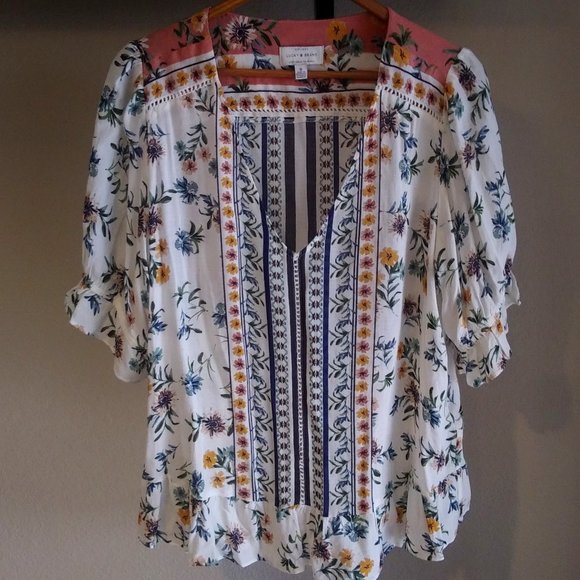 Lucky Brand Tops - Lucky Brand Floral & Border Peasant Blouse